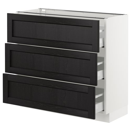 Modern black stained ash kitchen cabinet with bevelled edges in rectangular shape, three drawers, sleek and elegant design.