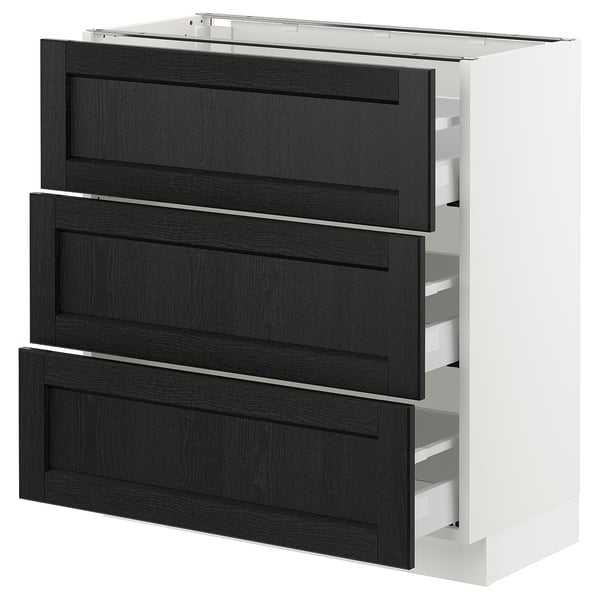 A SEKTION kitchen cabinet with three dark stained wooden drawers and a white frame.