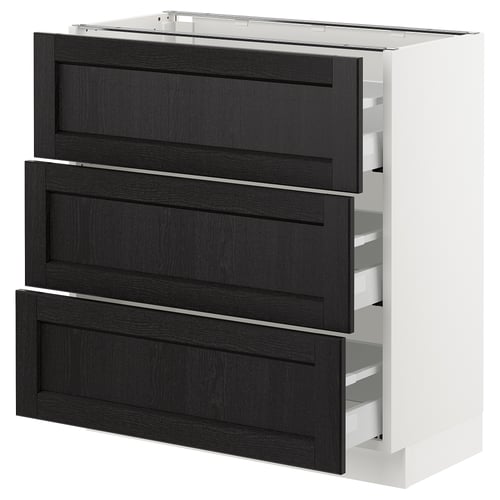 A SEKTION kitchen cabinet with three dark stained wooden drawers and a white frame.