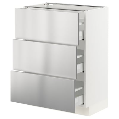 Stainless steel front SEKTION kitchen cabinet, white base, three drawers.