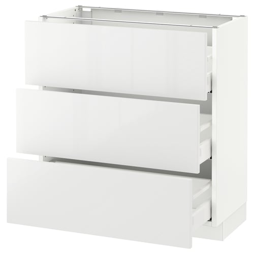 White SEKTION kitchen cabinet with glossy finish and multiple drawers.