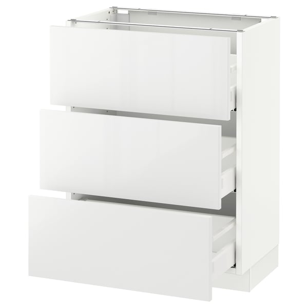 White modern kitchen unit with three drawers, sleek design and high gloss finish.