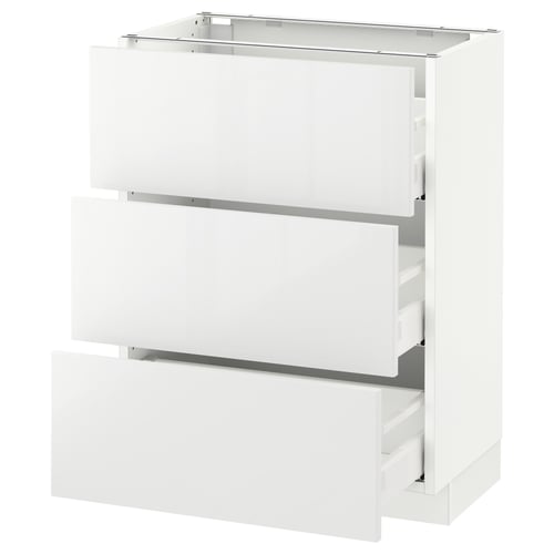 White modern kitchen unit with three drawers, sleek design and high gloss finish.