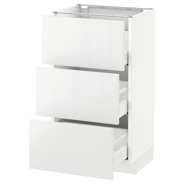 SEKTION white kitchen cabinet with three glossy drawers.