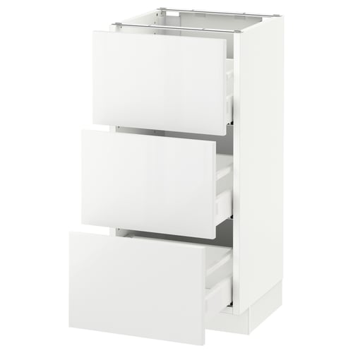 Ikea SEKTION white kitchen cabinet with glossy finish, stainless steel handles. Tall and slim, has three full-extension drawers.