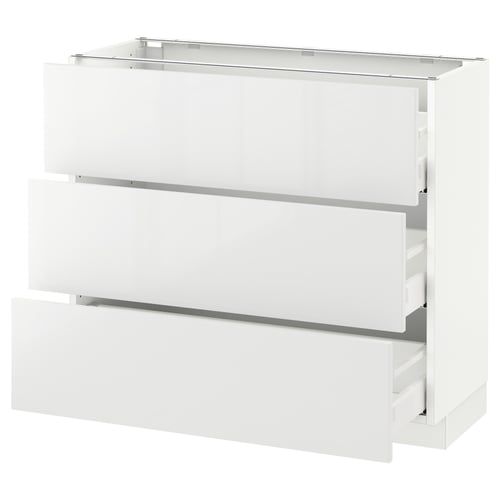 A white SEKTION kitchen cabinet with smooth, high-gloss drawer fronts. It has three drawers with a sleek, modern design.