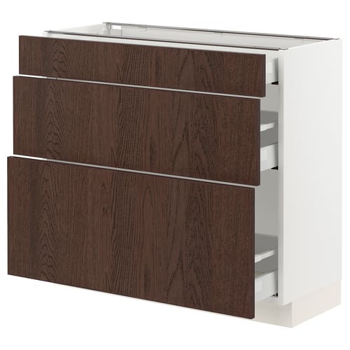 SEKTION kitchen unit, dark brown wood, white frame. Three drawers, sleek design.