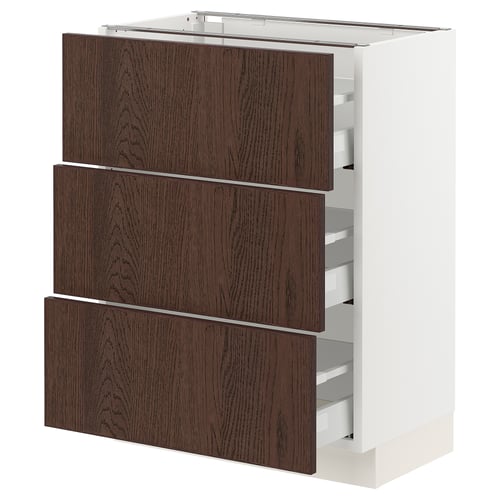 SEKTION kitchen cabinet with dark brown wood finish and three drawers.