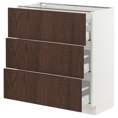 SEKTION kitchen cabinet in dark brown with white frame. Three drawers, oak-veneer fronts. The design is modern and sturdy.