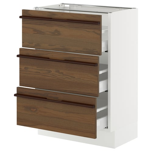 An ikea SEKTION kitchen cabinet with three dark brown wooden drawers and a white base.