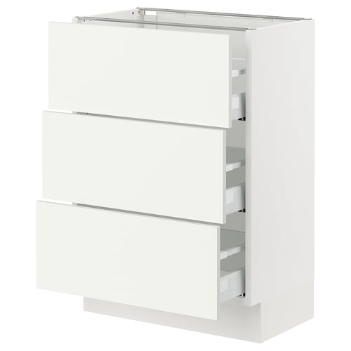 Depicts a white SEKTION kitchen cabinet with three drawers.