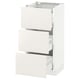 A white ikea SEKTION kitchen base cabinet with three full-extension drawers.