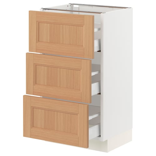 White SEKTION cabinet with 3 oak drawers.