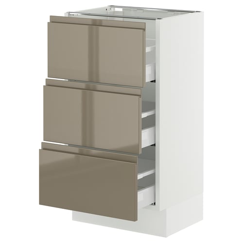 This image shows an ikea SEKTION kitchen unit with three dark grey-brown high gloss drawers and a white cabinet.