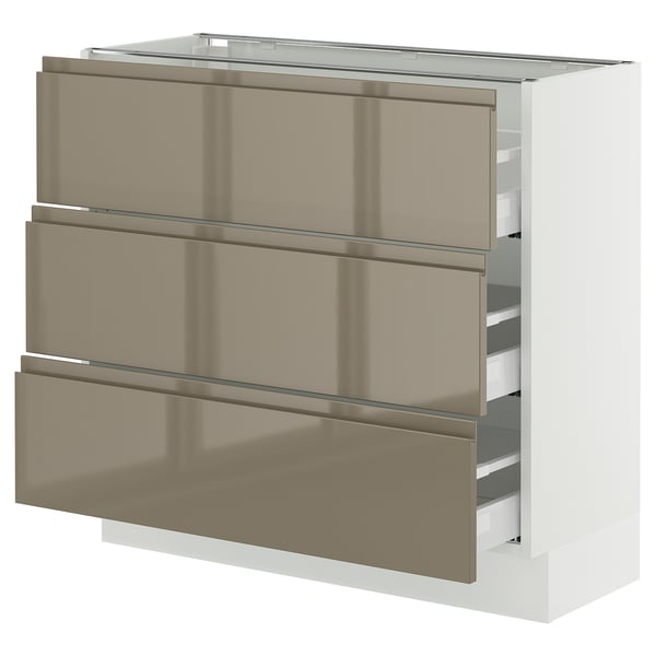 SEKTION / MAXIMERA Base cabinet with 3 drawers, white/Voxtorp high-gloss dark grey-brown, 36x15x30 "