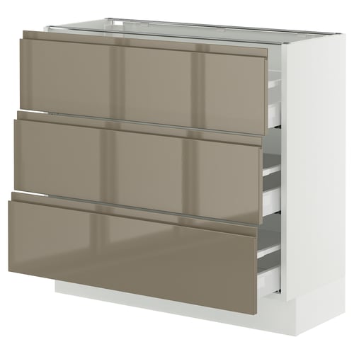 A SEKTION kitchen cabinet with three high gloss dark grey-brown drawers, featuring sleek handles.