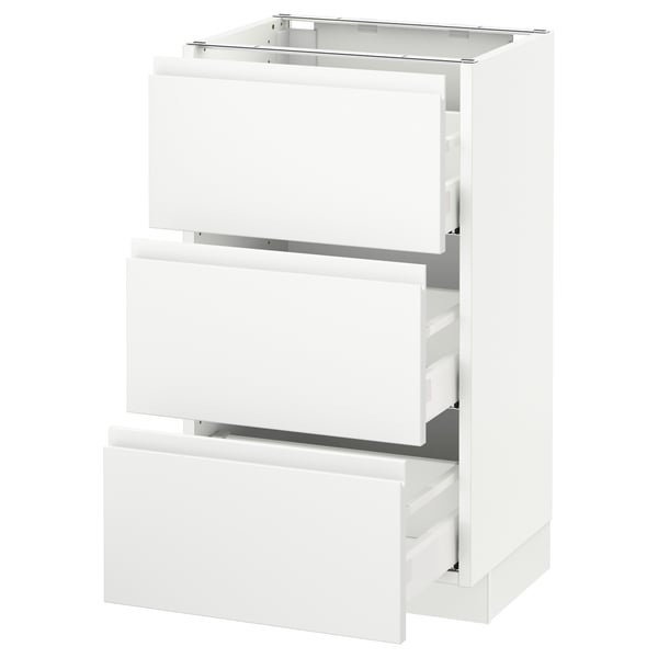White cabinet with three open drawers, flat panel design.