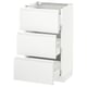White cabinet with three open drawers, flat panel design.