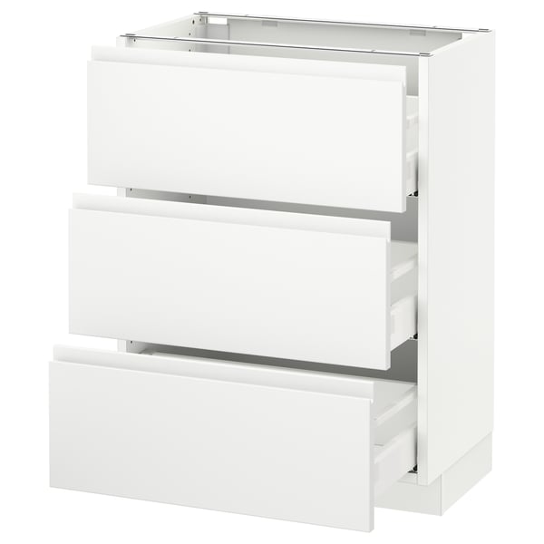 A white SEKTION kitchen cabinet with three drawers featuring minimalist handles. The cabinet is rectangular and made of particleboard and steel.