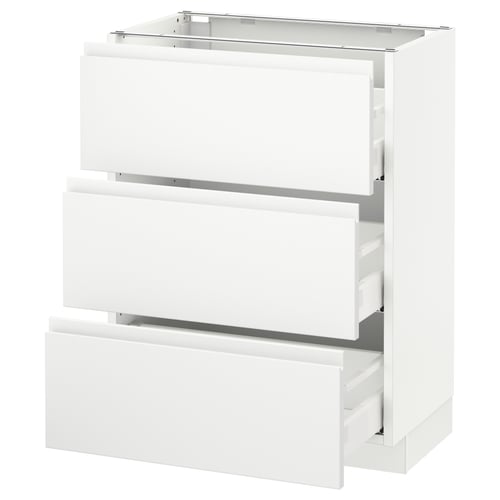 A white SEKTION kitchen cabinet with three drawers featuring minimalist handles. The cabinet is rectangular and made of particleboard and steel.