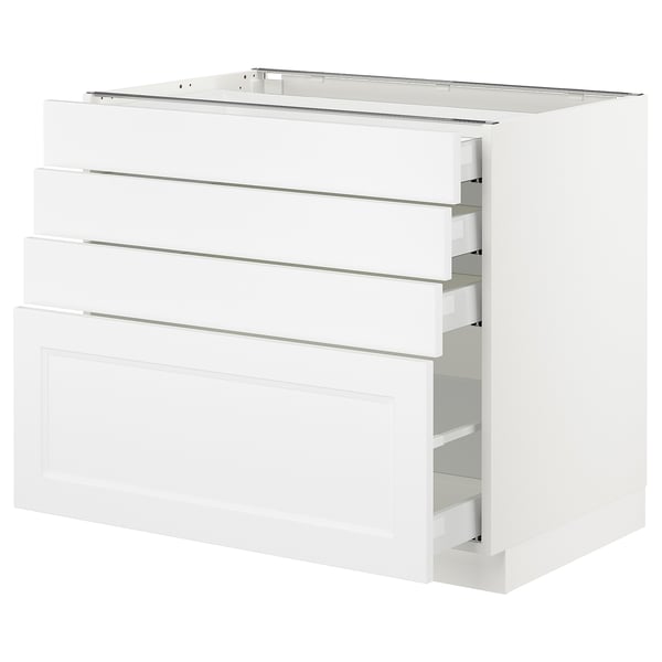 A white SEKTION kitchen cabinet with multiple drawers. The cabinet is sleek and modern, featuring smooth-running drawers with a polished white finish.