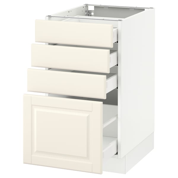 SEKTION kitchen cabinet in off-white with three open drawers and one closed door, crafted from engineered wood.