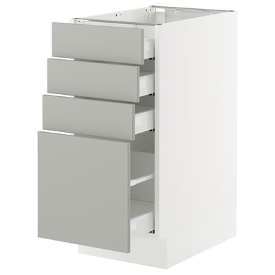 A SEKTION kitchen cabinet in light grey with multiple drawers. The cabinet a sleek, modern design with a sturdy frame.