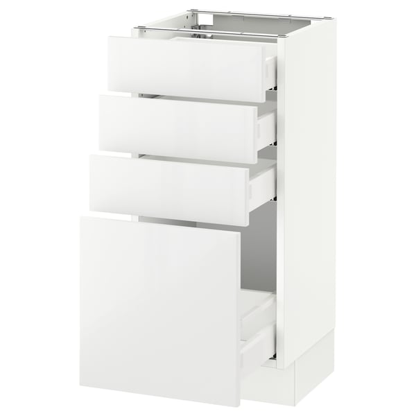 A white SEKTION kitchen cabinet with four pull-out drawers, sleek and modern, high gloss finish.