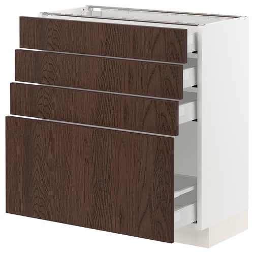 A modern kitchen cabinet called SEKTION. It dark brown wood drawers with a white frame, providing ample storage with multiple drawers.