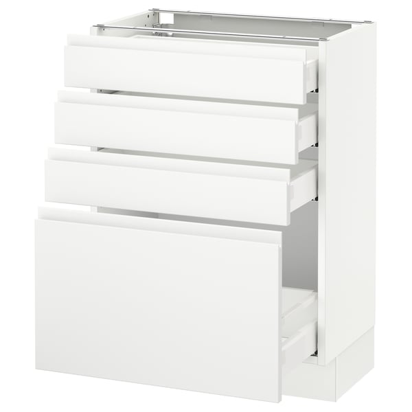 Modern white kitchen unit with four drawers, glossy finish, made of particleboard and melamine foil, in a minimalist design.