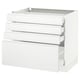 Modern white kitchen cabinet with sleek, handle-less drawers in minimalist design.