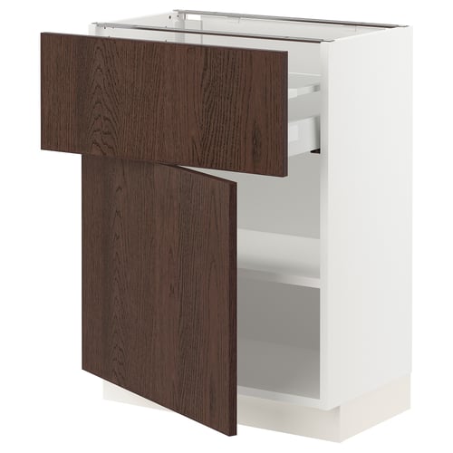 SEKTION kitchen cabinet in white and dark brown wood, featuring three drawers and an adjustable shelf.