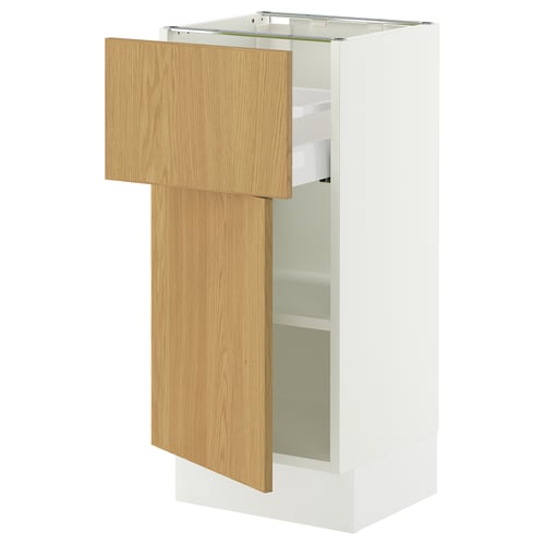 An ikea SEKTION white cabinet with an oak door and adjustable shelves.
