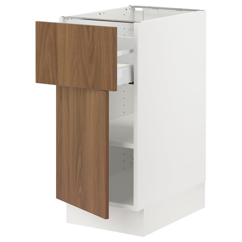 White kitchen cabinet, wooden drawers, right-swing door, modern, walnut finish.
