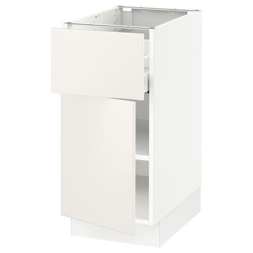 SEKTION white kitchen cabinet, modern design with smooth lines, one open section and one drawer.