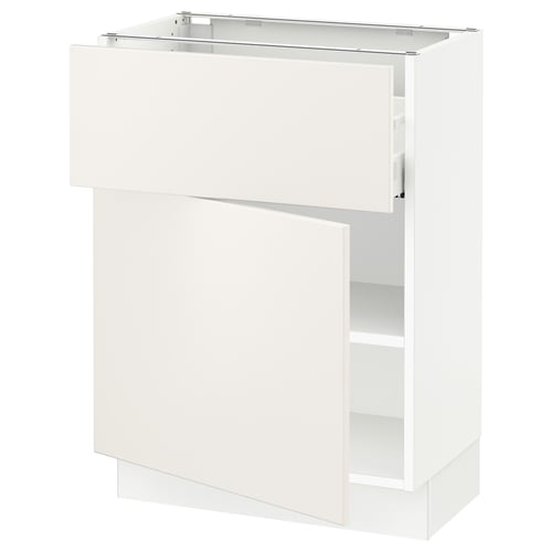 SEKTION white kitchen cabinet with veddinge smooth fronts, adjustable shelves, and medium drawer.