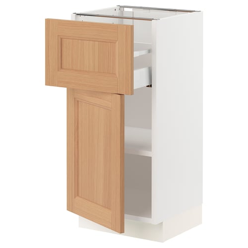 Ikea SEKTION kitchen cabinet, white with oak door, open, featuring shelves inside.