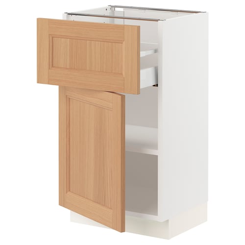 Ikd SEKTION white cabinet with oak drawers, solid wood & drawer open.