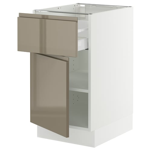 White SEKTION cabinet with glossy dark drawer, stainless door, adjustable shelves, and stainless hinges.