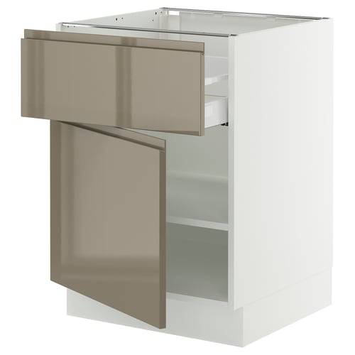 SEKTION kitchen cabinet in high gloss white with silver handles and glass shelf.