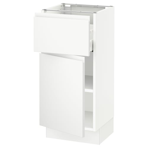 Depicts a white SEKTION kitchen cabinet with minimalist design, featuring a single door and adjustable shelves.