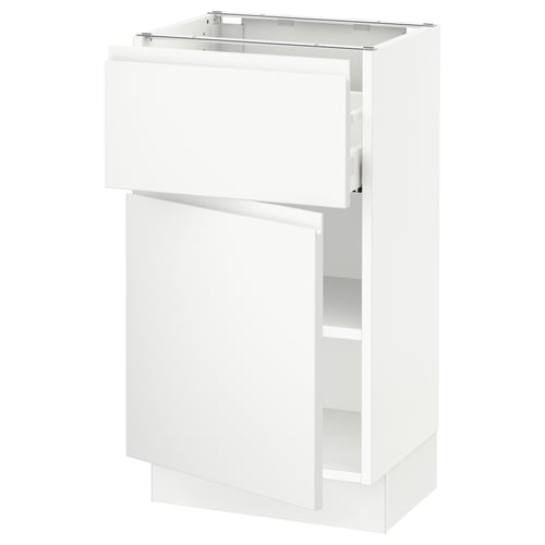 A white SEKTION base cabinet from ikea with adjustable shelves and a modern, minimalist design.