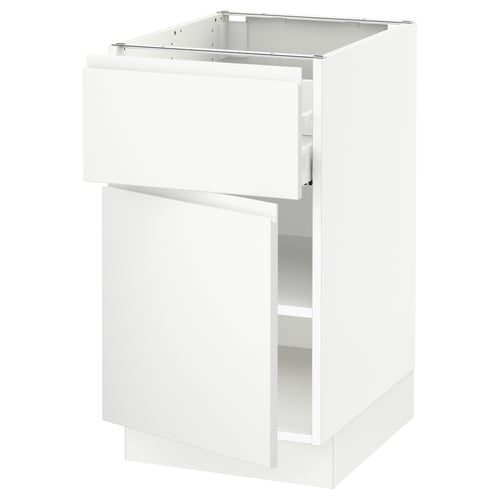 White SEKTION kitchen cabinet with drawer, modern design and integrated handles.