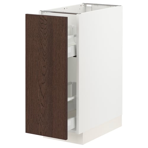 White cabinet with dark oak door, pull-out shelves, solid wood edge.
