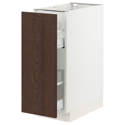White cabinet with dark oak door, pull-out shelves, solid wood edge.
