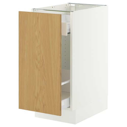 An open white SEKTION kitchen cabinet with light oak doors and shelves. The cabinet is modern, rectangular, and has a smooth, sleek design.