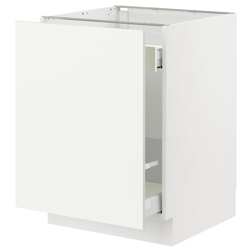 A white SEKTION kitchen cabinet with one door open, revealing shelves inside.