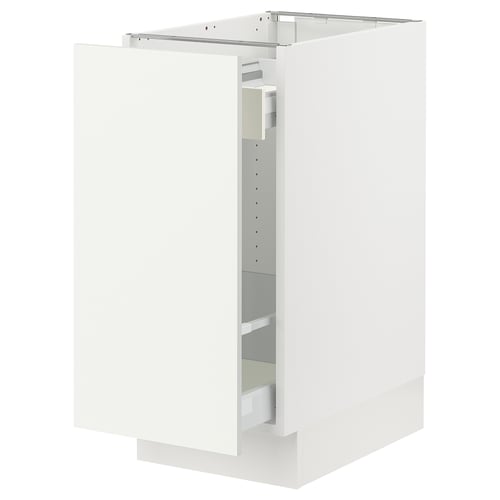 A white SEKTION kitchen cabinet with an open door, revealing a drawer inside. It a modern design with a smooth, glossy finish.