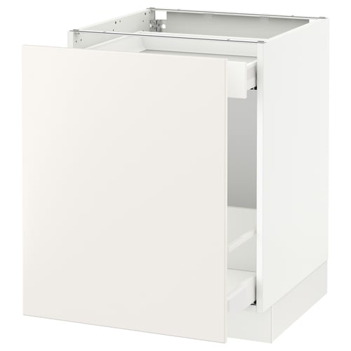 A white SEKTION kitchen cabinet with a smooth, modern design. Its a base cabinet with a frame construction and a high drawer.