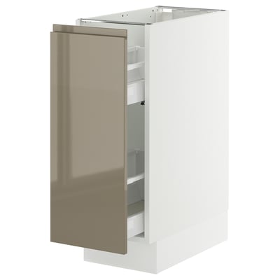 A white SEKTION kitchen cabinet with a high-gloss dark grey-brown pull-out drawer. Its sleek, modern design a sturdy frame and integrated handles.